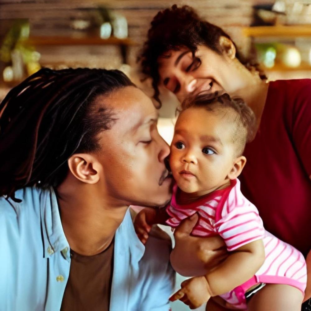 A man kisses a baby while a woman smiles behind them.